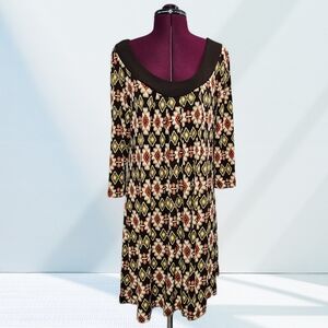 Fashion Love Chic 3/4 Sleeve ikat-inspired Print Tunic Dress Geometric Pattern